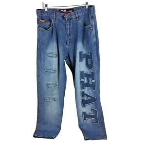 Phat Farm Mens Baggy Blue Jeans 36x31 Vintage Y2K Hip Hop Applique Logo PP1222SQ